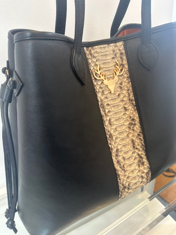 Black Leather Liz Traveler Large with Natural Python Stripe Liz Traveler--A Little Off