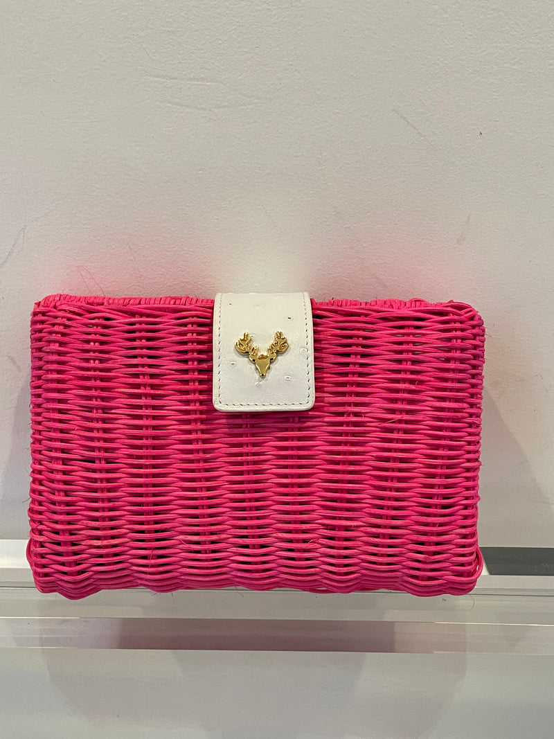 Palm Hot Pink Wicker and White Ostrich Clutch--Amy's Closet #51