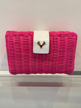 Palm Hot Pink Wicker and White Ostrich Clutch--Amy's Closet #51