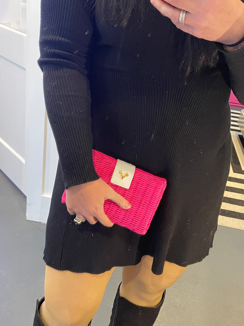 Palm Hot Pink Wicker and White Ostrich Clutch--Amy's Closet #51