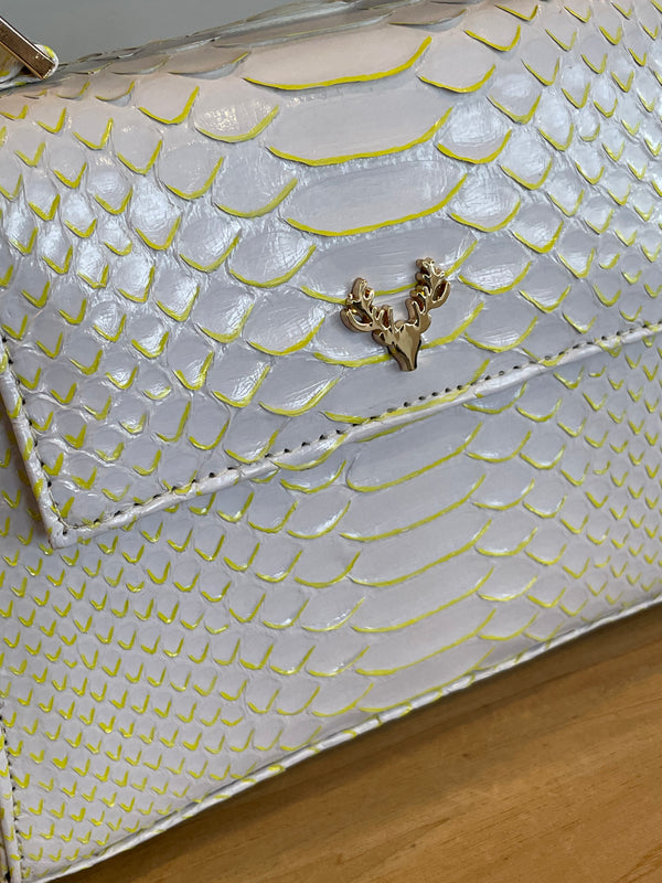 White with Neon Yellow Jessica Mini Python Top Handle--Final Sale