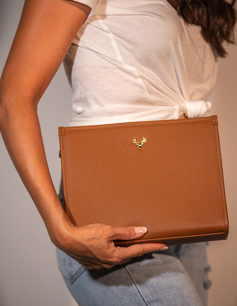 Address The Room Faux Leather Clutch In Camel • Impressions Online