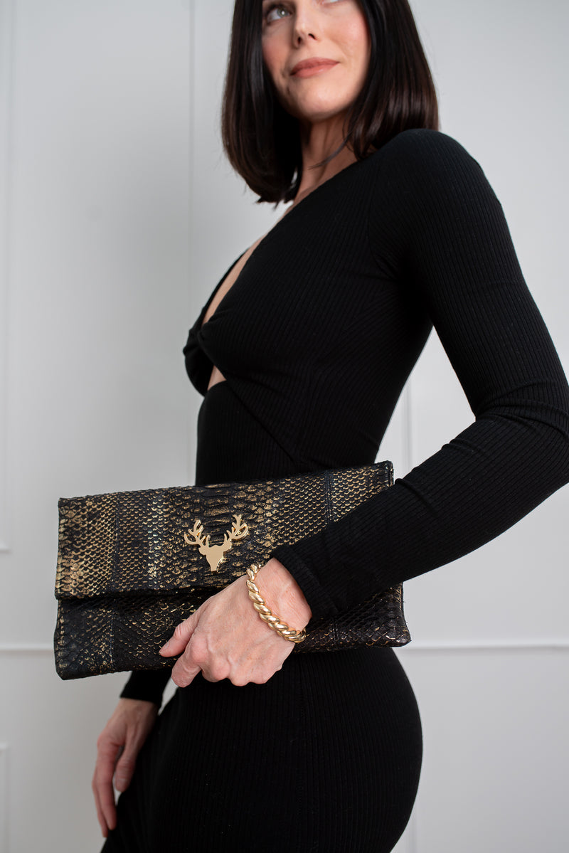 Black Gold Python Foldover Clutch--Final Sale