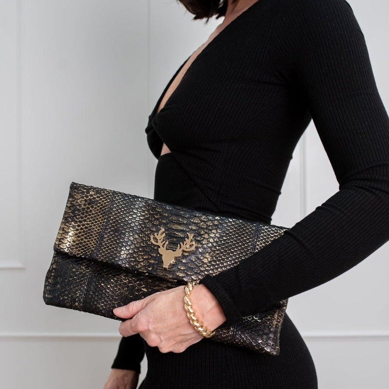 Black Gold Python Foldover Clutch--Final Sale