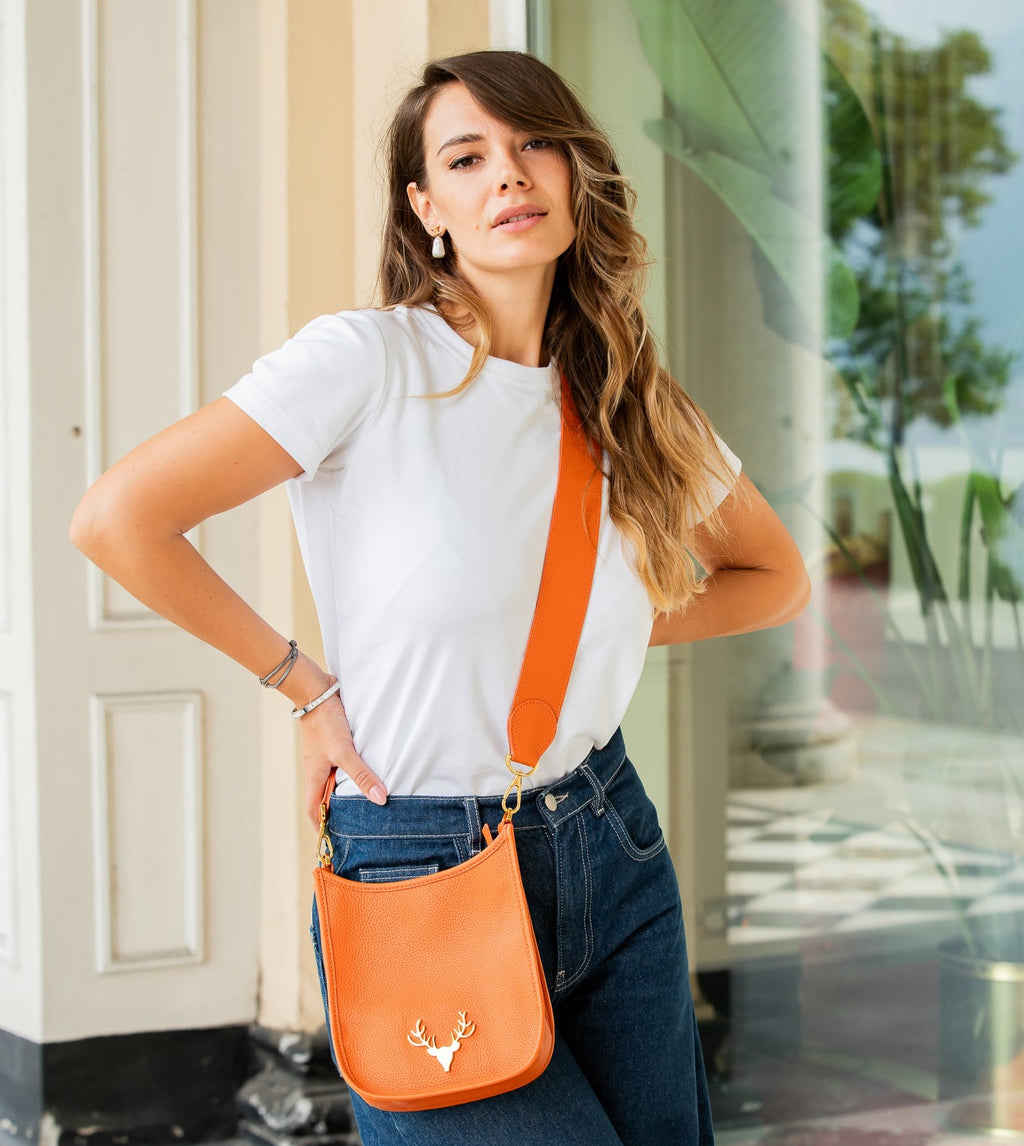 Orange Ostrich Print Crossbody Leather Handbags Classics Bag