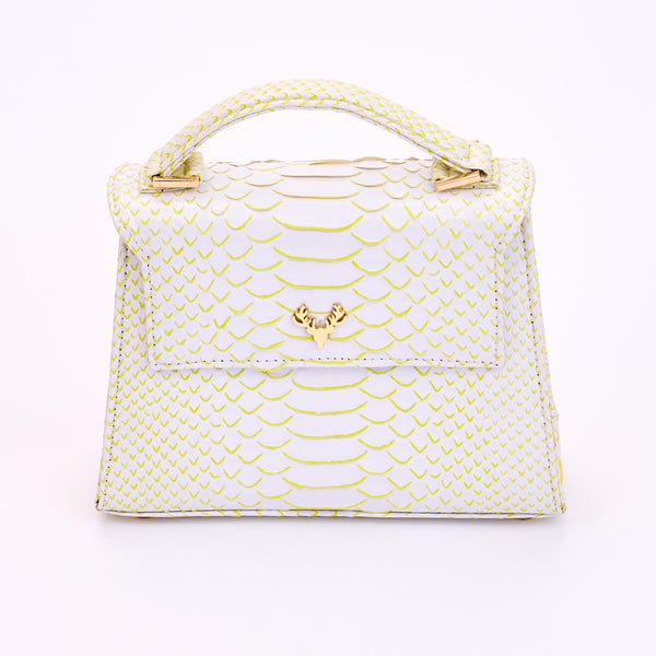 White with Neon Yellow Jessica Mini Python Top Handle--Final Sale