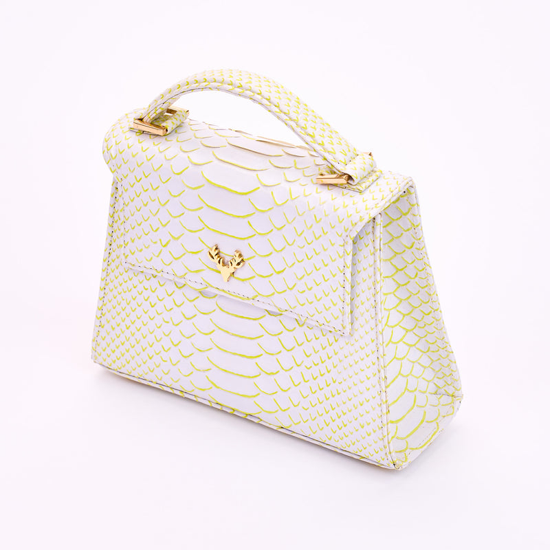White with Neon Yellow Jessica Mini Python Top Handle--Final Sale