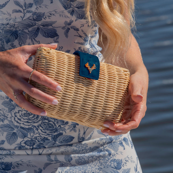 Palm Natural Wicker and Navy Ostrich Clutch--Final Sale