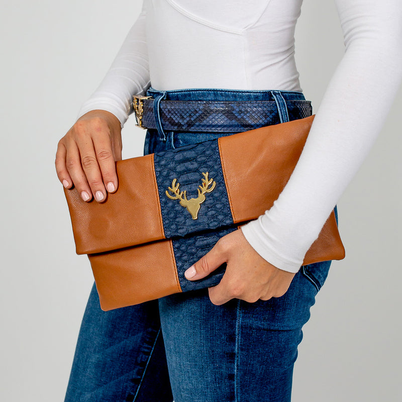 Leather and Python Foldover Clutch